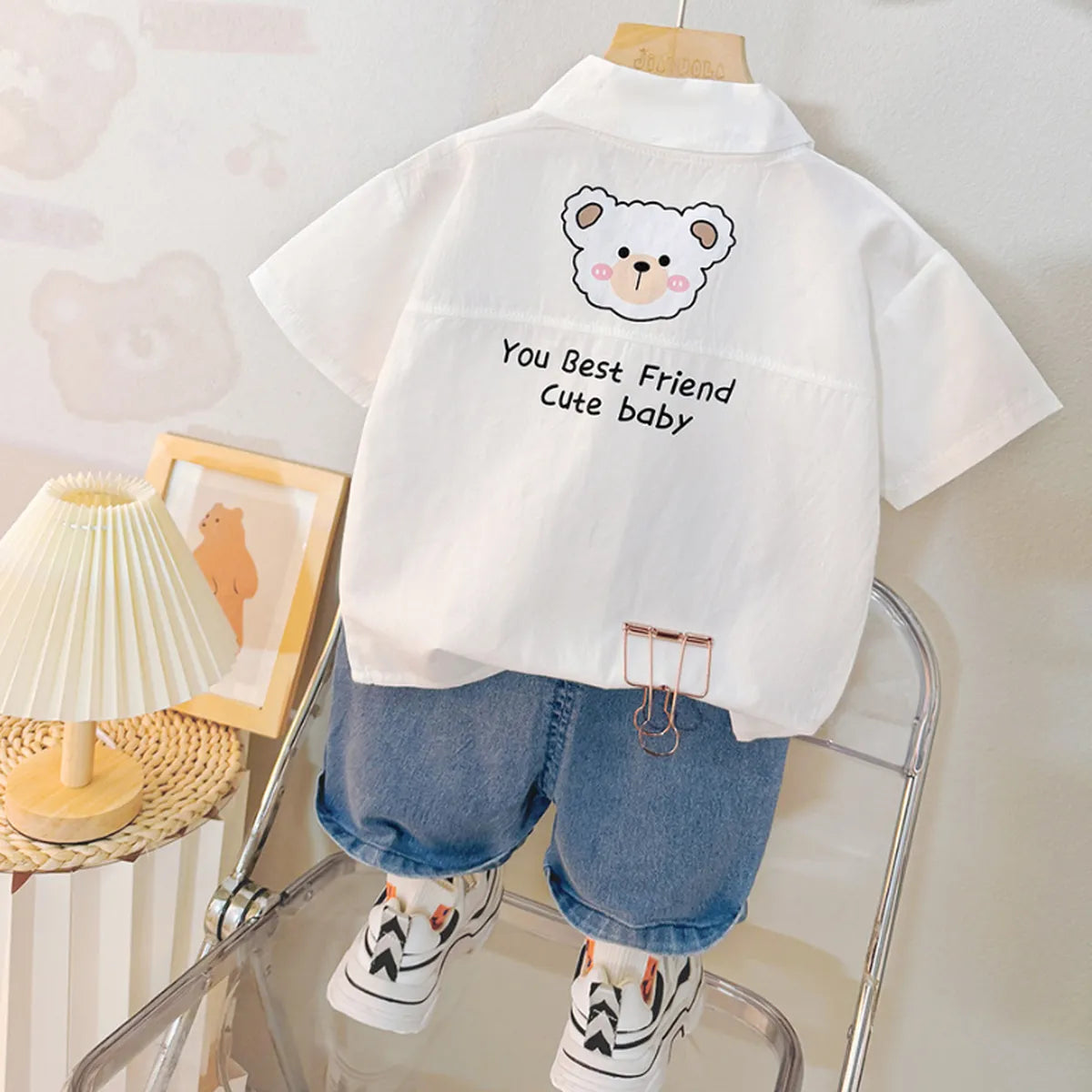 Boys' Casual Shirt & Denim Shorts Set β Bear Kid Print + Tie (1-6 Years)